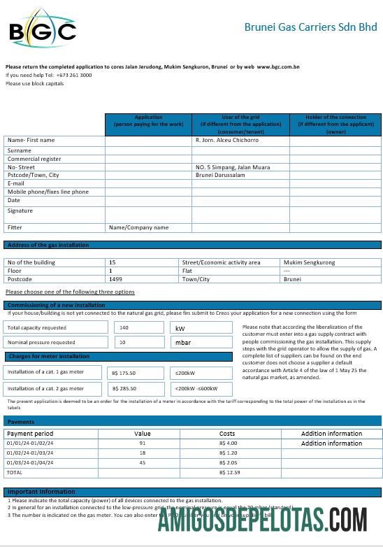 imprimível Modelo de fatura de serviços públicos de gás para transportadoras de gás de Brunei em formato Word e PDF
